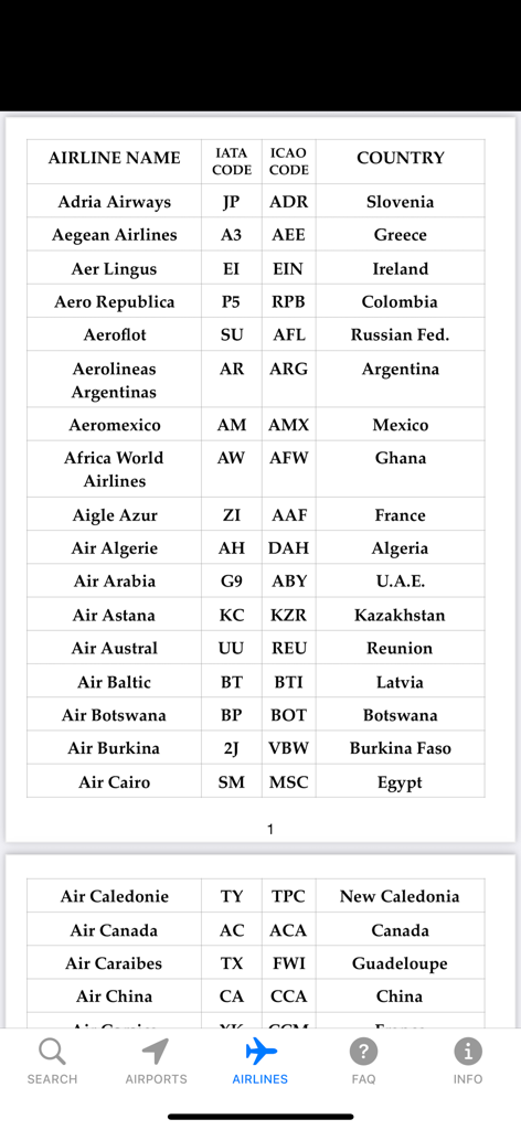iFlyZED - Table showing a list of airlines with IATA and ICAO codes in the iFlyZED app