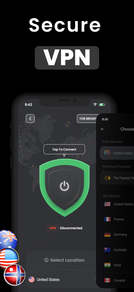 Onion TOR Browser: VPN+AdBlock - Interface de VPN segura com um toque para conectar escudo e lista de servidores internacionais