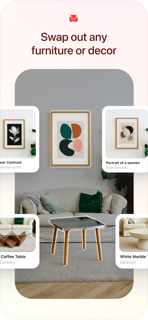 Spacia: AI Home Design - A screenshot of the Spacia app interface showing the feature to swap furniture and wall decor in a living room using AI.