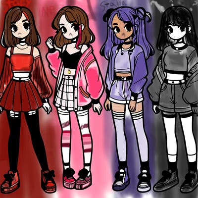 one girl with crop-top shirt and a jacket with a skirt, long socks and another girl with a shirt and pants with a jacket