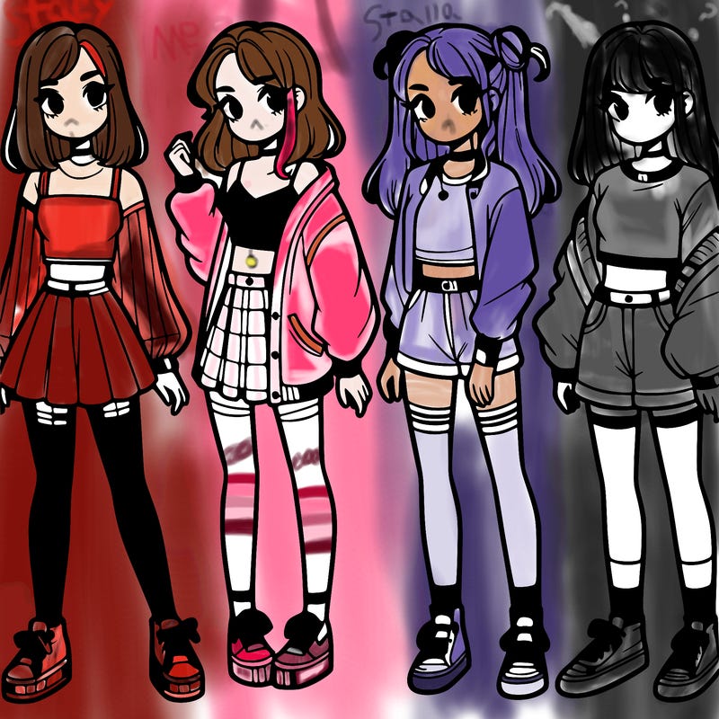 one girl with crop-top shirt and a jacket with a skirt, long socks and another girl with a shirt and pants with a jacket