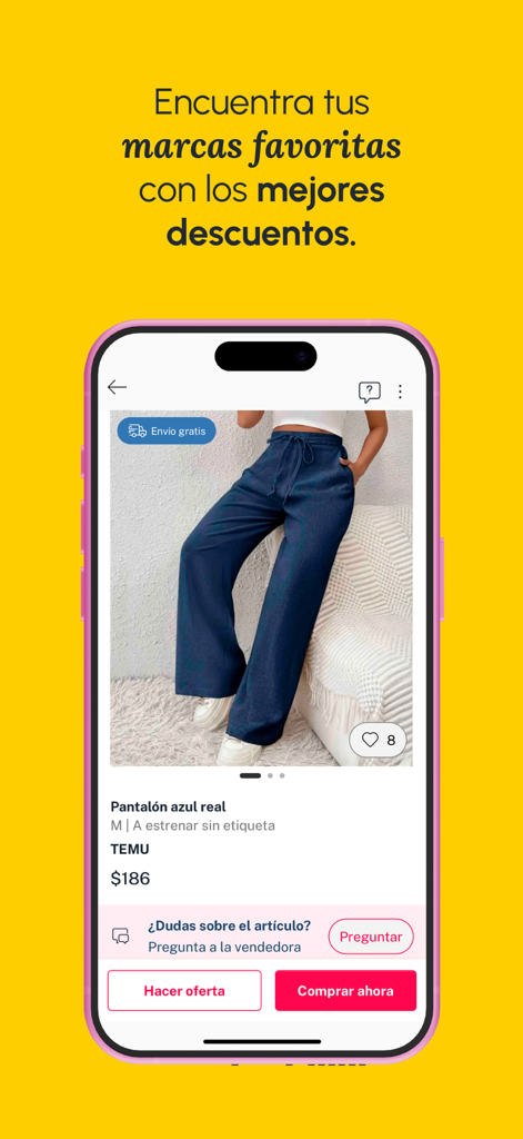 GoTrendier Compra y vende moda - 割引と購入オプションが表示された青いパンツのGoTrendierアプリ商品ページを表示する携帯電話