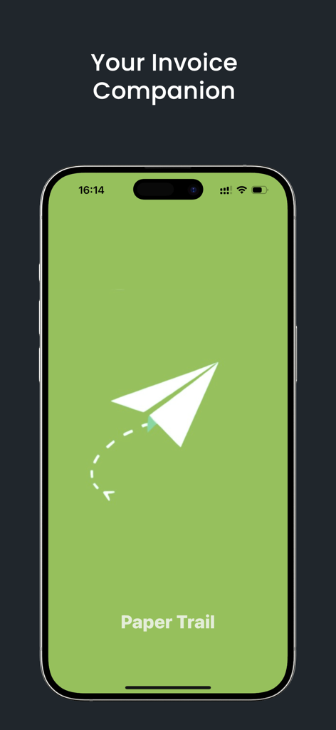 Paper Trail Invoice - Pantalla de inicio de la aplicación Paper Trail Invoice en un smartphone con un icono de avión de papel