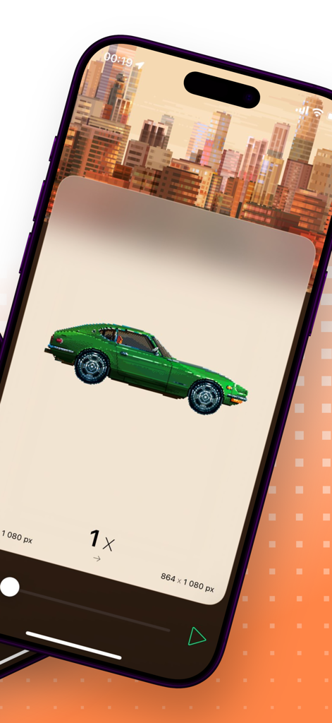 Pixel Scaler - Interface mobile de l'application Pixel Scaler redimensionnant une image de voiture pixel art verte sur un iPhone.