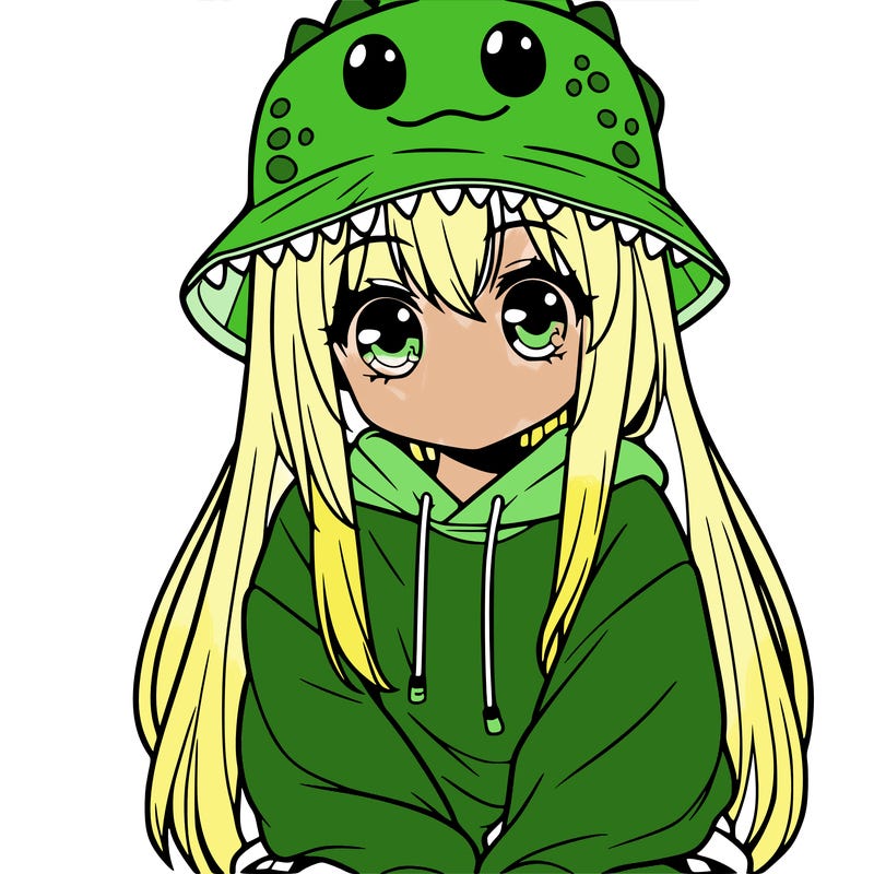 girl with anime shaped eyes with a dinosaur bucket hat oversized sweatshirt long straight hair