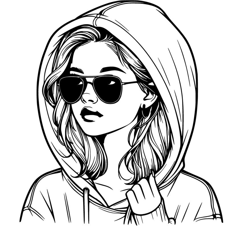 realistic teenage girl, wearing a hoodie and sunglasses