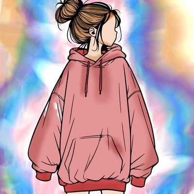 realistic girl with a oversized sweatshirt on and a bun