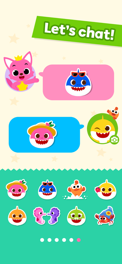 Pinkfong Baby Shark Phone - Pinkfong Baby Shark Phone app chat screen featuring character stickers and a messaging interface for kids.