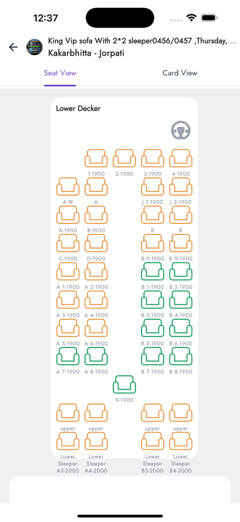 GoMyGo Operators: Manage Bus - Interface mostrando o layout dos assentos do ônibus e a seleção de assentos para operadores de ônibus no aplicativo GoMyGo