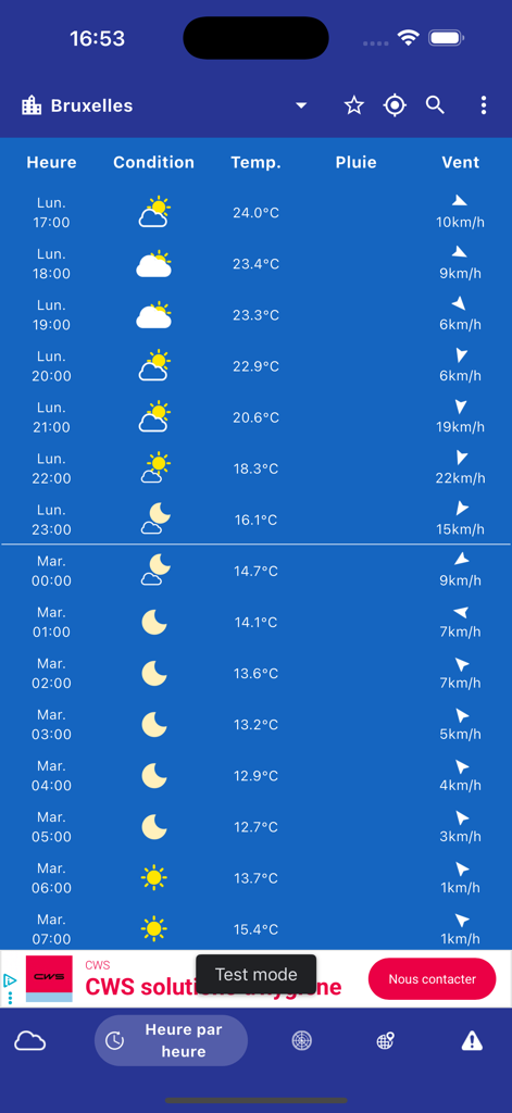 Hourly weather forecast for Brussels in the Meteo Belgique app showing temperature and wind conditions.