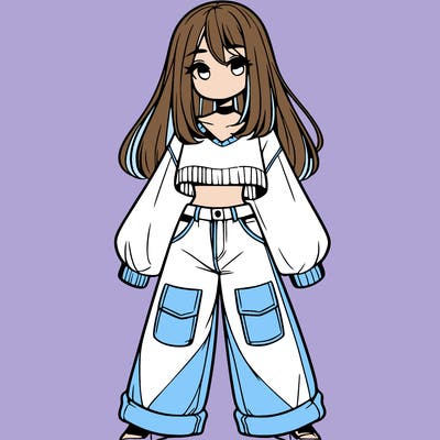 cute girl with straight hair in baggy jeans and a crop top and a sweater