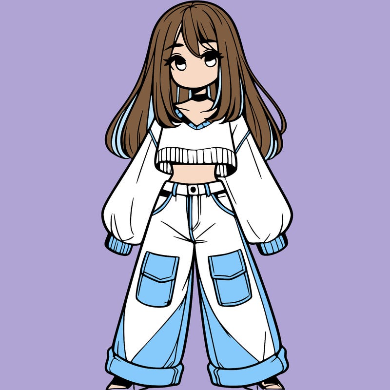 cute girl with straight hair in baggy jeans and a crop top and a sweater