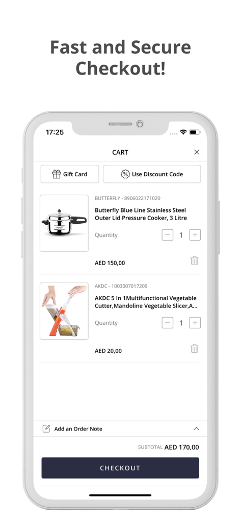AL KABAYEL - Online Shopping - Mobile app shopping cart screen for AL KABAYEL featuring kitchen essentials and a checkout button