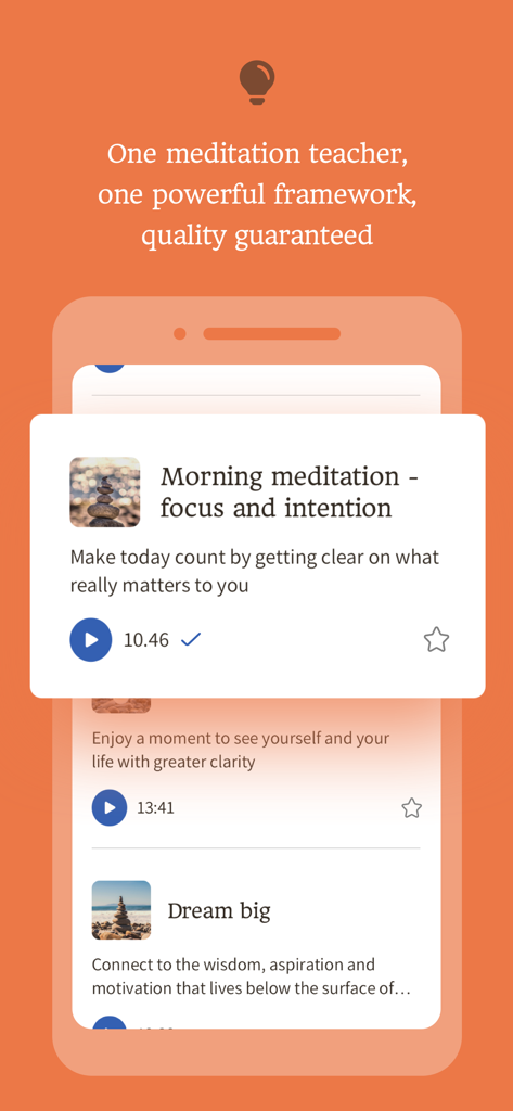The Happy Habit - A screenshot of The Happy Habit app showing a guided morning meditation session on an orange background