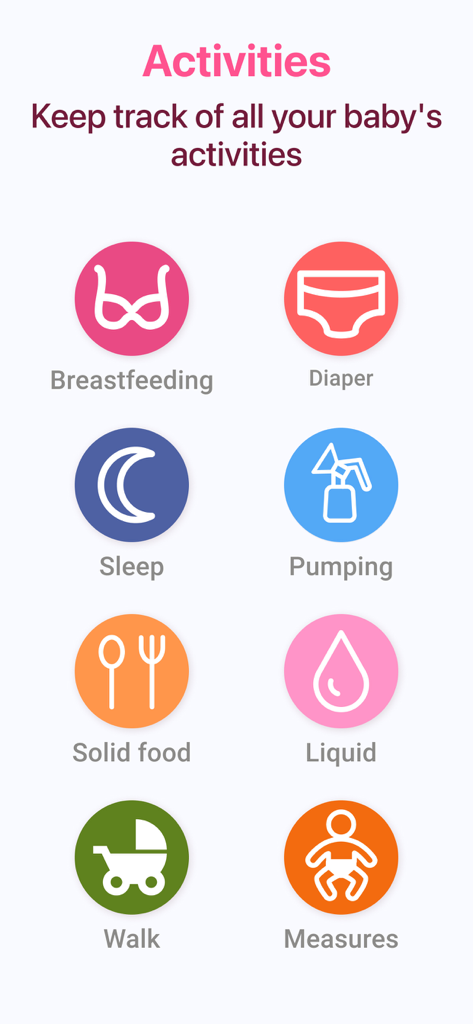 Breastfeeding Newborn tracker - Panel de control de la aplicación Erby que muestra iconos para registrar actividades del bebé como lactancia, cambios de pañal, sueño y extracción de leche