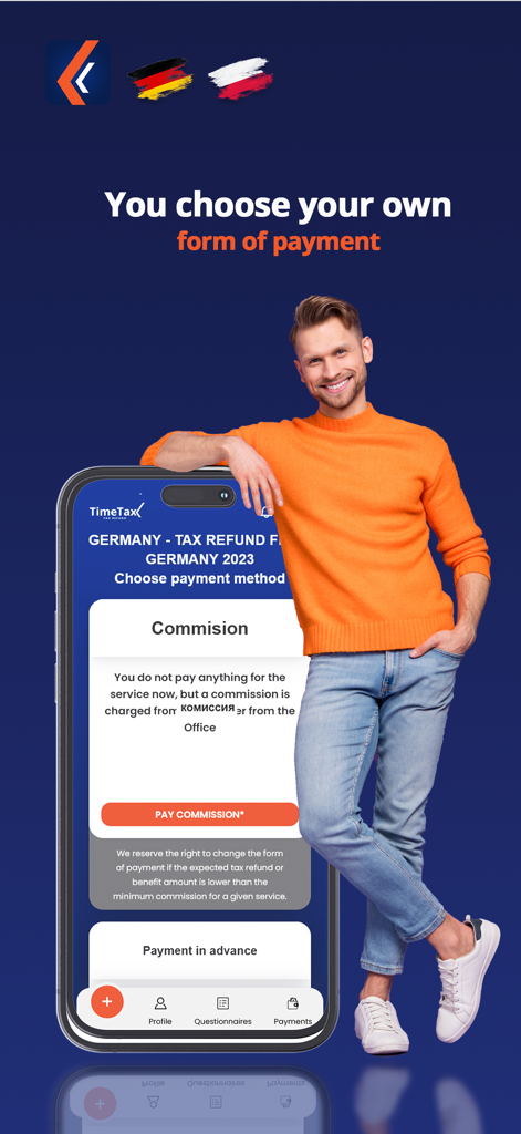 Ein Smartphone-Bildschirm, der die TimeTax-App mit Auswahlmöglichkeiten für Provision oder Vorauszahlung für eine Steuerrückerstattung zeigt.
