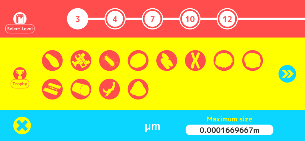 Dot Scale - Trophy collection screen in Dot Scale app showing unlocked levels and microscopic object icons