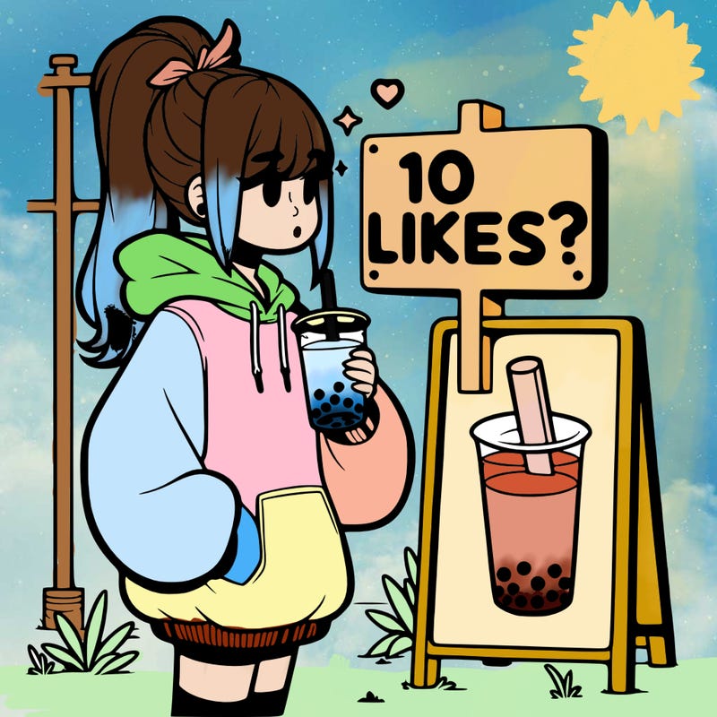 girl with oversized hoodie drinking boba and she has a high ponytail with a sign that says 10likes?