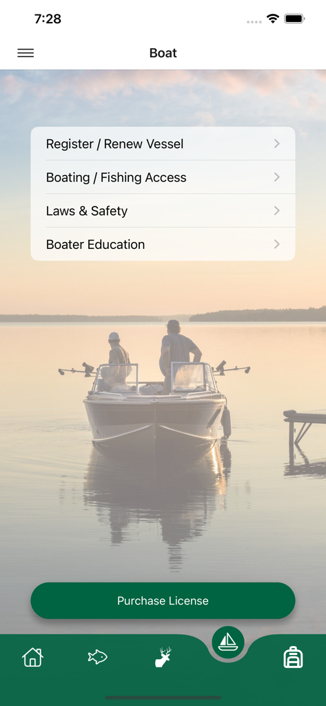 Boating services menu in the Go Outdoors North Carolina app featuring vessel registration and safety information