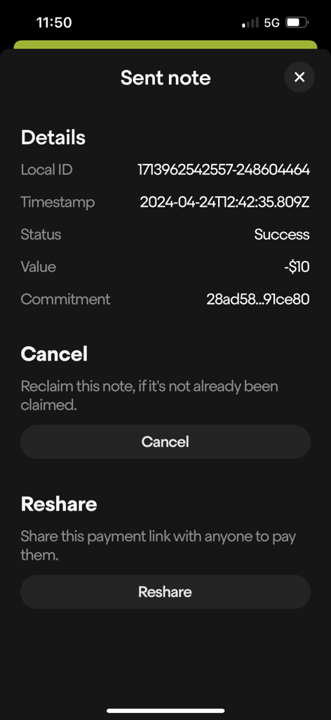 Details of a successful sent payment in the Payy app showing transaction status and options to cancel or reshare the link.