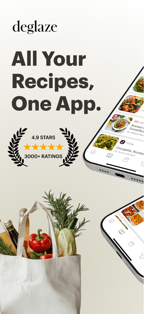 Deglaze: Cooking, Simplified - Deglaze app displaying saved recipes next to a bag of fresh groceries