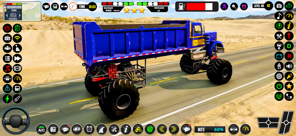 A large blue and yellow monster dump truck driving on a desert highway with various on-screen game controls