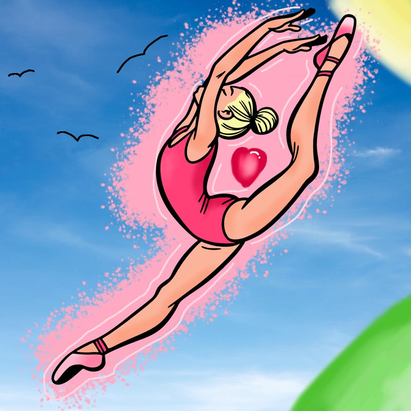 gymnast doing a leap in a leotard with a bent back leg
