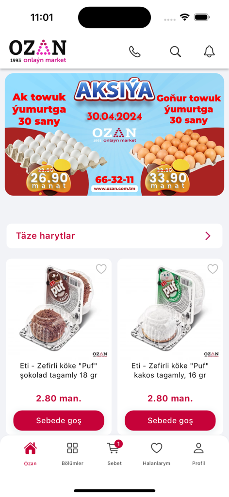 Ozan - Interfaz de la aplicación móvil Ozan que muestra un banner promocional de huevos y listados de productos de snacks con precios en manat turcomano.