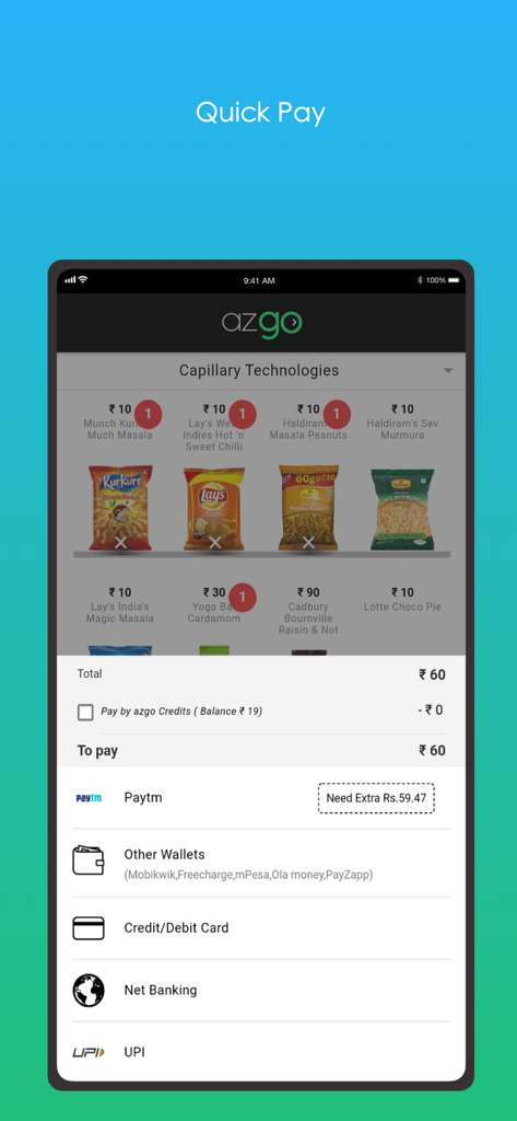 Azgo app Quick Pay interface showing payment options for office snacks and vending machine items