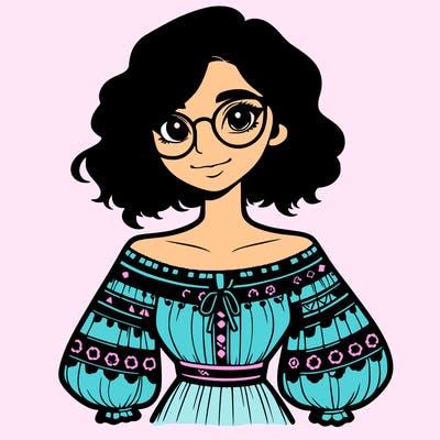 one girl with medium short hair, which are wavy. she has round glasses. she wears a latina outfit.