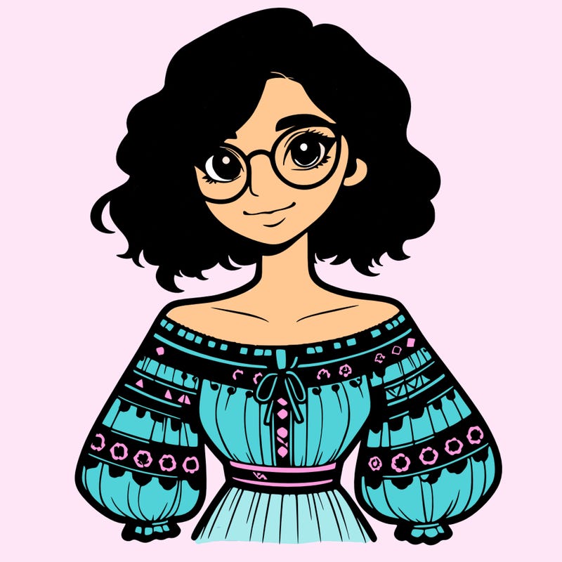 one girl with medium short hair, which are wavy. she has round glasses. she wears a latina outfit.