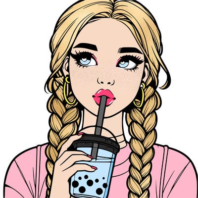 realistic girl with braided hair drinking boba