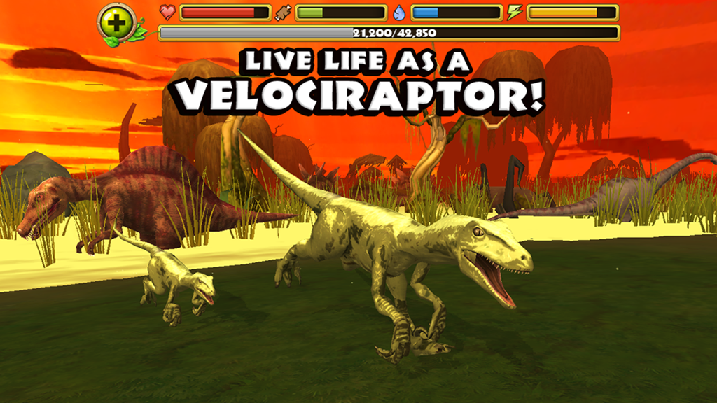 Gameplay screenshot of Dino Simulator showing a pack of Velociraptors in a prehistoric jungle during sunset
