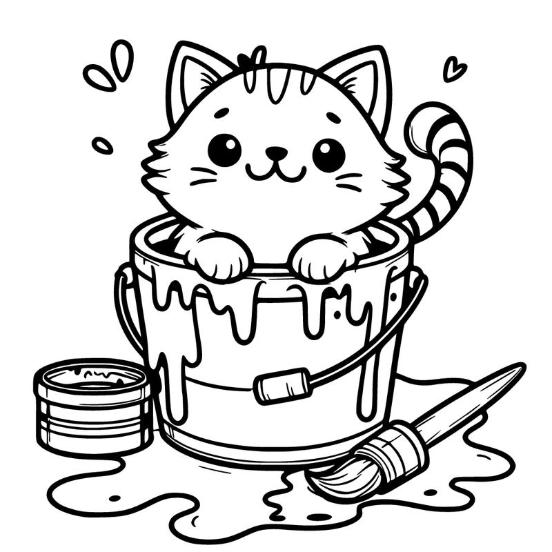 a cute cat in a bucket of paint, with details around it