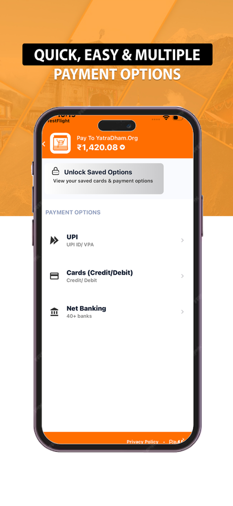 Secure payment options screen on the YatraDham app showing UPI, cards, and net banking for pilgrimage bookings