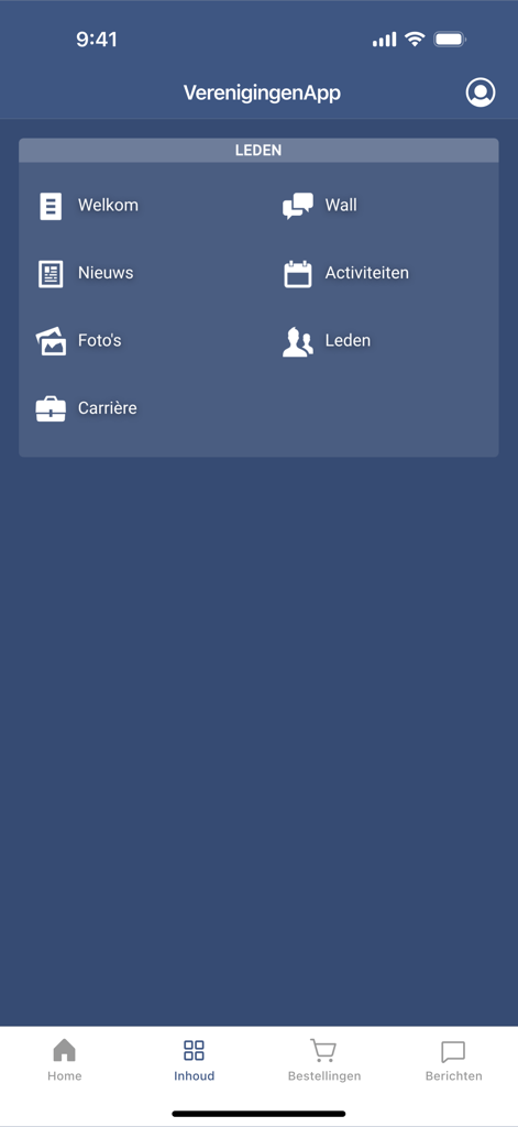 Captura de pantalla del menú principal de la VBN App que muestra iconos de navegación para noticias, actividades, miembros y opciones de carrera