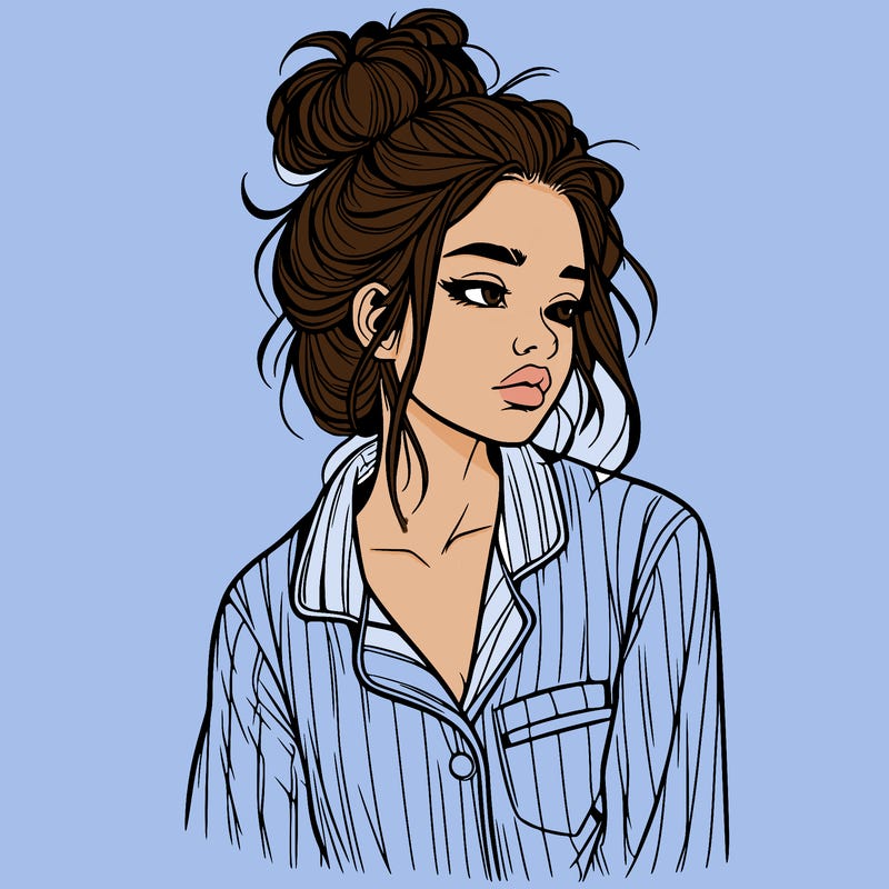 realistic woman with pajamas on and a messy bun