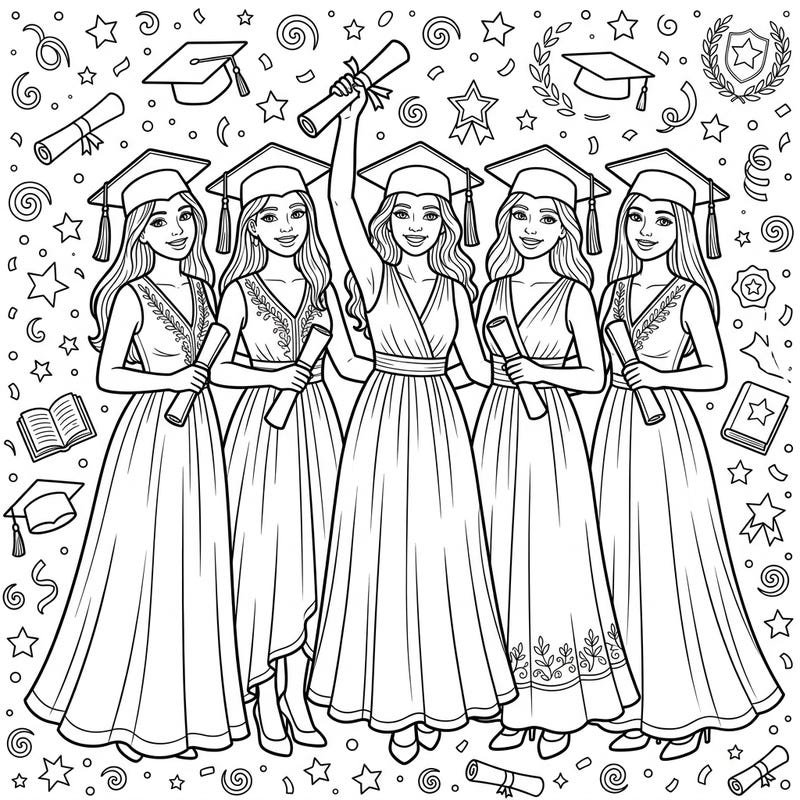 Honor academic success with this vibrant coloring page featuring five graduates in stylish maxi dresses. A festive scene filled with diplomas, caps, and confetti awaits your creative touch.