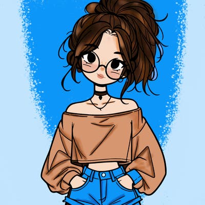 girl with a messy ponytail glasses a baggy crop top and jean shorts