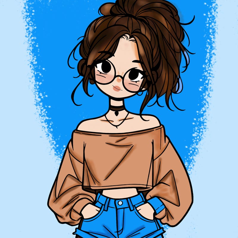 girl with a messy ponytail glasses a baggy crop top and jean shorts