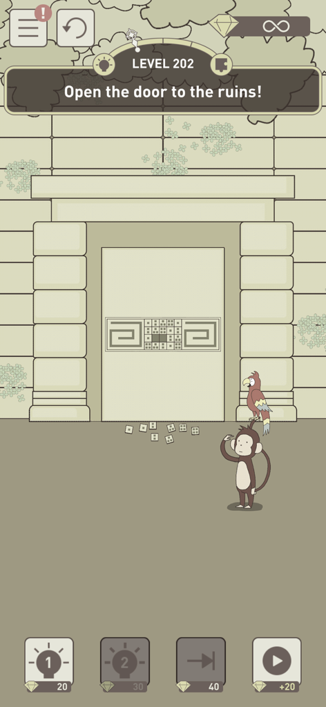 Captura de pantalla del juego IQ Dungeon del nivel 202 donde un mono y un loro deben abrir la puerta de las ruinas resolviendo un puzle.