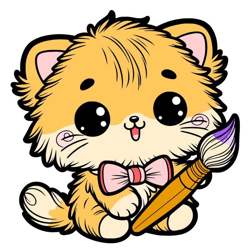 an adorable fluffy kitten holding a paintbrush