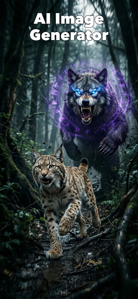 KI-generierte Dark-Fantasy-Kunst eines Luchses und einer mythischen Kreatur mit leuchtenden Augen in einem Wald