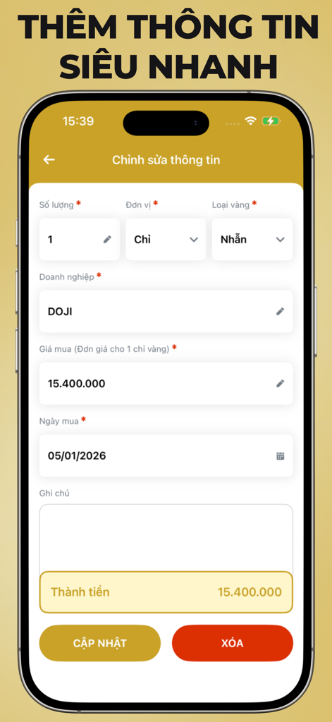 Sổ Vàng Tích Sản - Pantalla de entrada manual de activos de oro en la aplicación móvil PAM para rastrear inversiones en oro