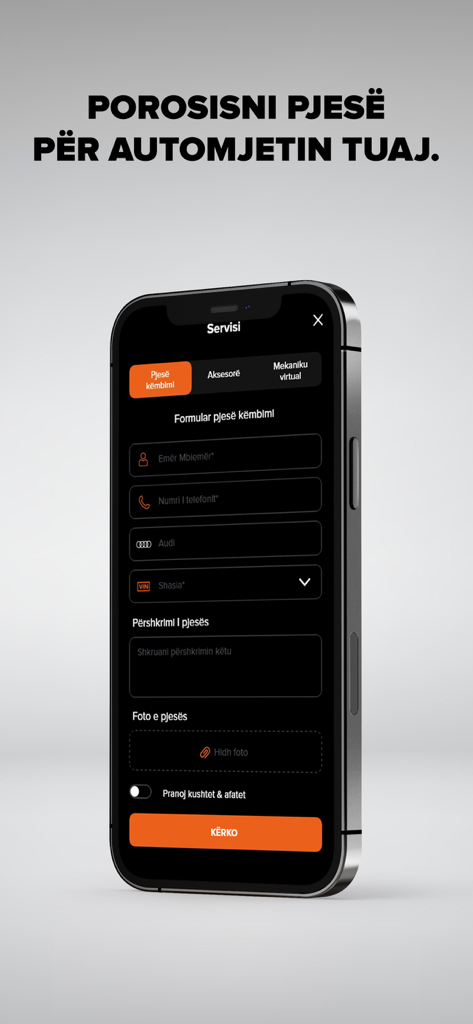 Makina Ime - Un smartphone que muestra la sección de servicios de la aplicación Makina Ime con un formulario para pedir piezas del vehículo que incluye campos para nombre, número de teléfono, detalles del vehículo y descripción de la pieza.