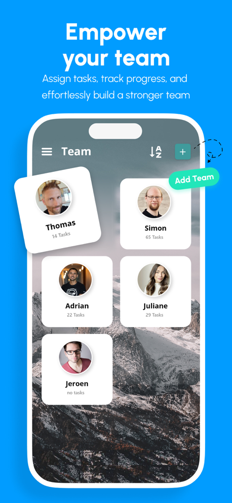 Project Management for Teams - A mobile interface from the Lyria app showing team member profile cards with their names and number of assigned tasks