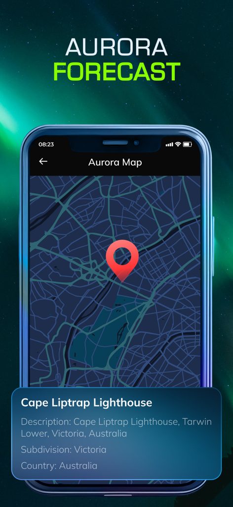 Aurora Alert & Northern Lights - Interactive aurora forecast map showing the location of Cape Liptrap Lighthouse in Australia