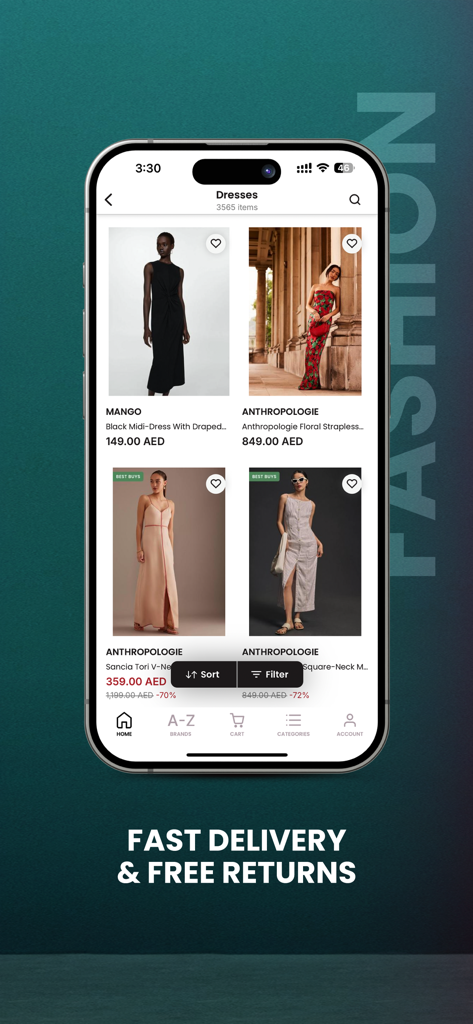 Azadea | High Street Fashion - A mobile interface for the Azadea app displaying a selection of high-street fashion dresses from brands like Mango and Anthropologie.