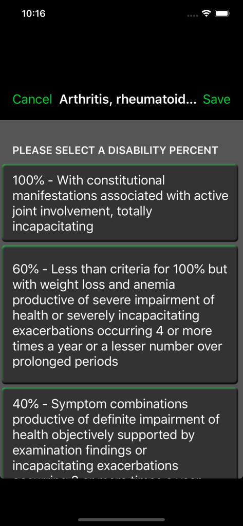 My VA Benefits - Selection screen for rheumatoid arthritis disability ratings in the My VA Benefits app