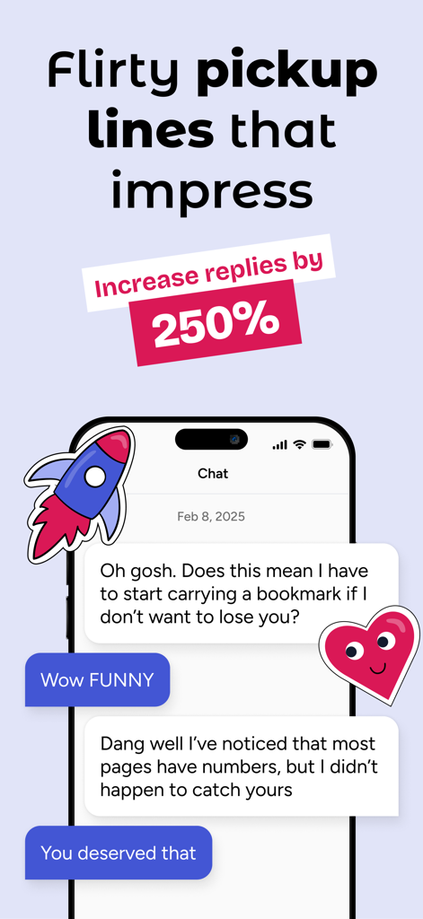 Tizz: Ai Rizz App Pickup Lines - Captura de tela do aplicativo Tizz mostrando frases de atração sugestivas geradas por IA em uma interface de conversa de chat.